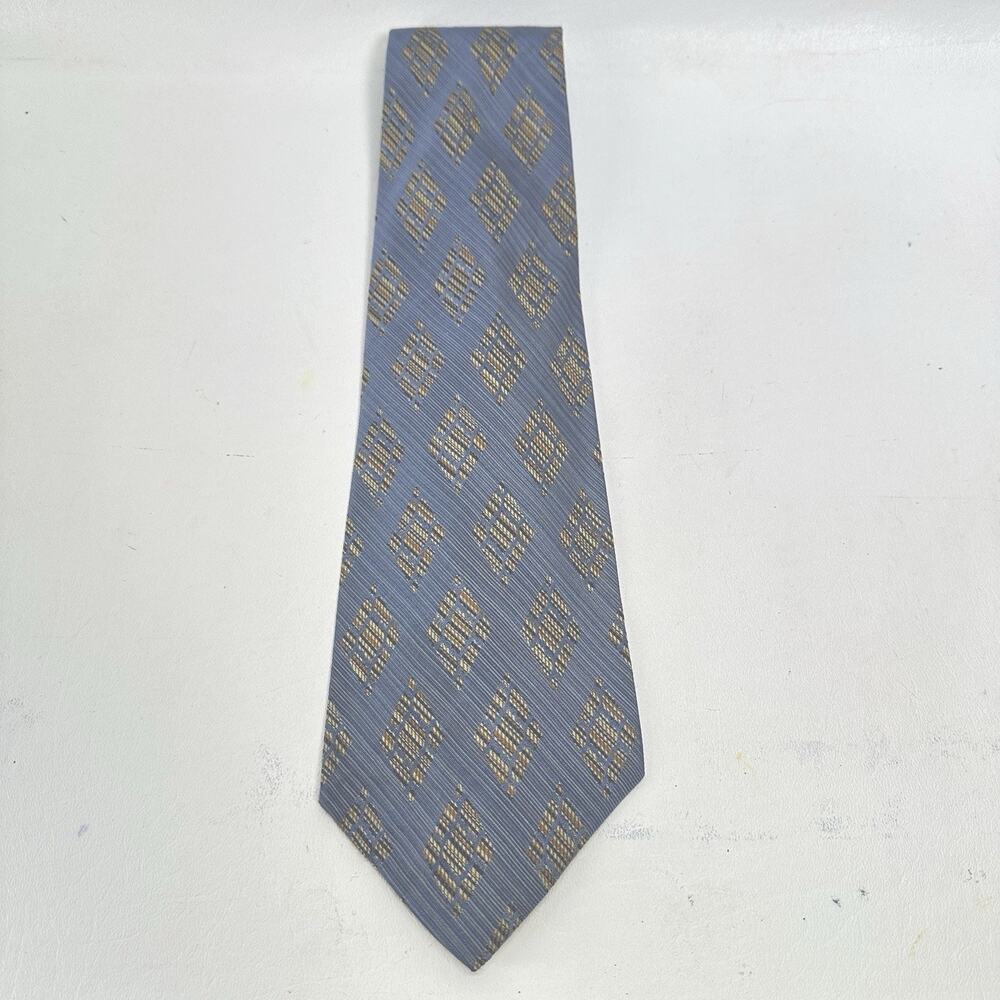 Vintage Leonardo Tie Mens 57 in Italian Silk Blue Gold Diagonal Striated Wide